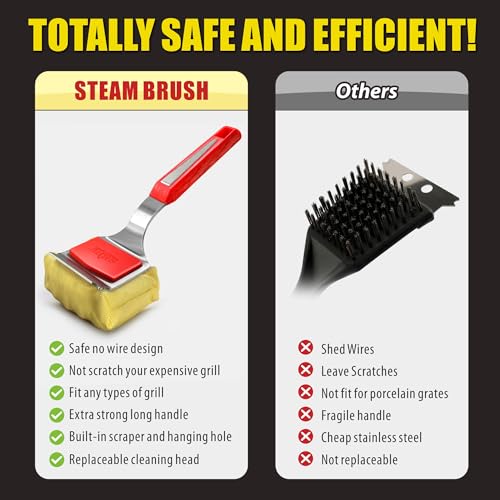 GRILLART Grill Brush Bristle Free. SteamWizards BBQ Replaceable Cleaning Head, Unique Seamless-Fit Scraper Tool for Cast Iron/Stainless-Steel Grates, Safe Barbecue Grill Cleaner-Red