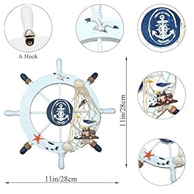 2 Pack 11" Nautical Beach Wooden Ship Wheel and 11" Wooden Anchor with Rope Nautical Boat Steering Wheel Rudder Anchor Wall Art Decor Door Hanging Ornament Beach Theme Home Decoration(White&Blue) 51QlwEjgCZL