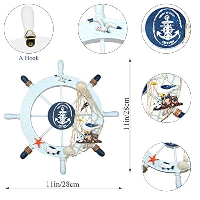 2 Pack 11" Nautical Beach Wooden Ship Wheel and 11" Wooden Anchor with Rope Nautical Boat Steering Wheel Rudder Anchor Wall Art Decor Door Hanging Ornament Beach Theme Home Decoration(White&Blue) 51QlwEjgCZL