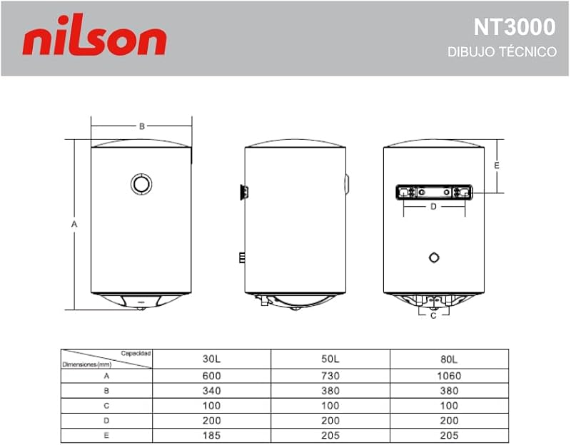 Termo Eléctrico Vertical 50 L NT5000. Instalación Vertical, 1500W, Incluye Kit de Montaje, Resistencia de Acero Inoxidable, Blanco, Eficiencia Energética Clase C
