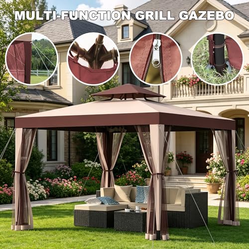 PHONDIKO 10x10 Outdoor Gazebo Canopy Tent with Mosquito Netting, Red, Double Roof Design image 19
