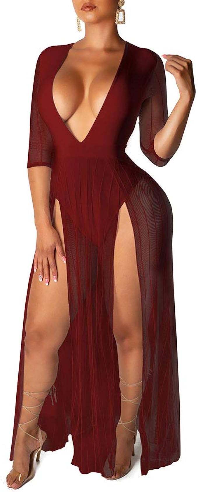 Half Sleeve Deep V Neck Sheer Mesh High 