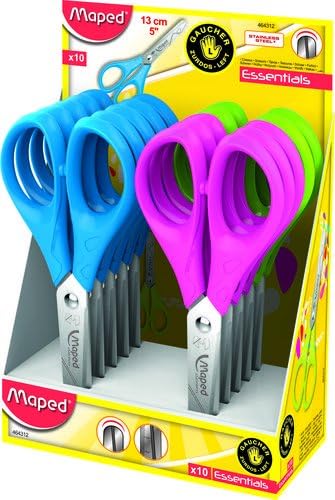 Maped Essentials Scissors, Pack of 10, 13 cm, Blue-silver, Purple-silver, Green-silver