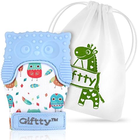 Baby Teething Mitten by Giftty, Soothing Teether Mitt & Teething Pain Relief Toy, Prevent Scratches Glove, Cute Animal Owl Collection, for 0-9 Months Baby (Blue)