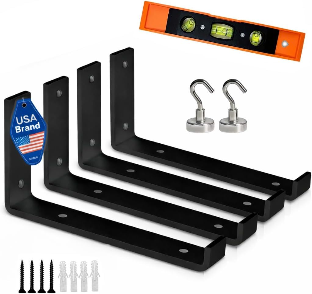 Photo 1 of 12 Inch Shelf Brackets w/ Level Tool + 2 Magnetic Hooks, Heavy Duty Black Steel L Brackets (4 Pack), 0.2 Inch Thick, Hardware Included, Wall Shelf Brackets