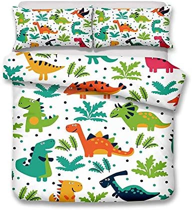 Andrui Bedding Set 3D Dinosaur Print Kids Duvet Cover Set Single Size Multi Color Cartoon Children Boys Girls Bedding Cover Sets Zipper Closure