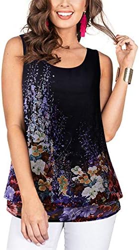 SOLERSUN Women's Sleeveless Chiffon Layered Tank Tops Casual Scoop Neck Summer Printted Blouse Shirts