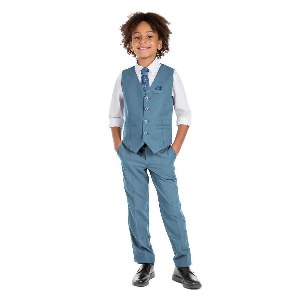 Marvelous Kids Boys 6-Piece V-Neck Formal Slim Fit Vest Suit Set, Blue Gray, Size 20 Image
