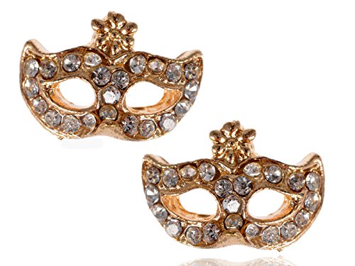 Alilang Golden Metal Tone Mask Clear Rhinestone Accented Fashion Earrings