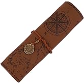 GORGECRAFT PU Leather Pencil Bag Strap Vintage Treasure Map Compass Cover Rollup Storage Organizer Retro Pen Bag Wrap Roll Case Holder Portable Stationery Pouch for Artist Drawing Makeup Camel