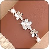 BXDA Gold Silver Flower Rhinestone Pearl Bracelet for Women, Adjustable Trendy Handmade Pearl Five-Petaled Flowers CZ Stackable Fashion Box Chain Bracelets Jewelry Accessories Gift