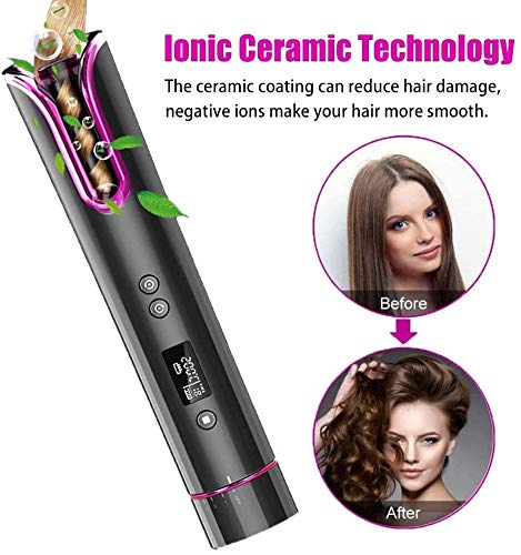 Cordless Hair Curler Automatic Curling Iron with LCD Display for Long Hair Portable USB Rechargeable Auto Shut-Off Curling Wand