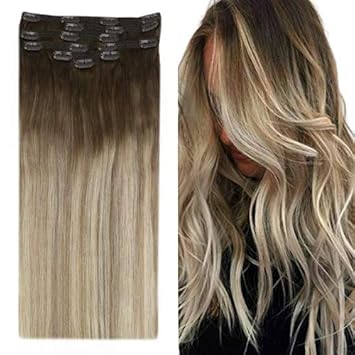 Amazon Com Youngsee 12inch Clip In Extensions Balayage Dark Brown Fading To Dark Ash Blonde With Platinum Blonde Straight Seamless Balayage Clip Extensions 70g 7pcs Beauty