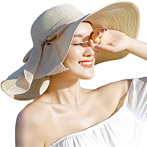 Lanzom Womens Big Bowknot Straw Hat Floppy Foldable Roll up 