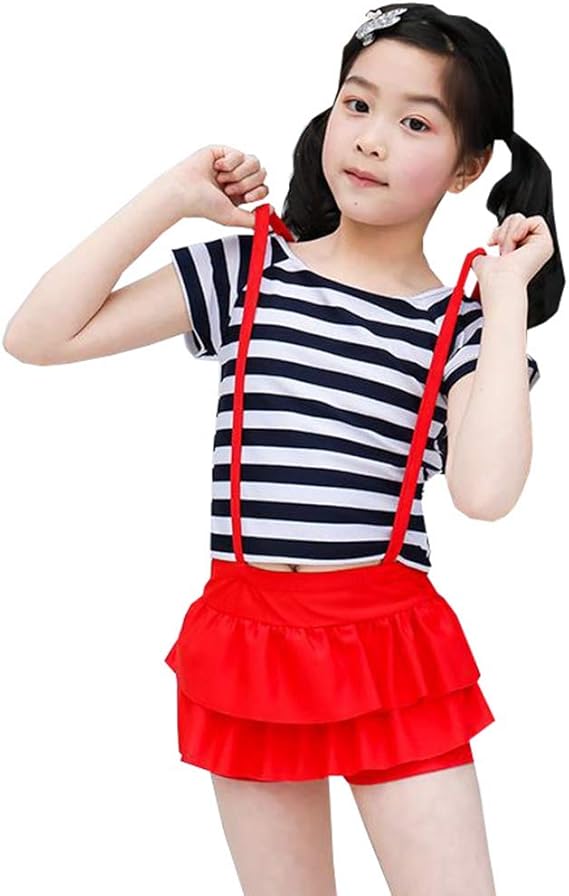 Amazon ２点セット水着 女の子 8 10歳 ショートパンツ キッズ かわいい キュート 伸縮性あり スイミング プール ビーチ 海水浴 温泉 Uvカット 子供水着 ズボンつり ストライプ柄 レッド 水着 通販