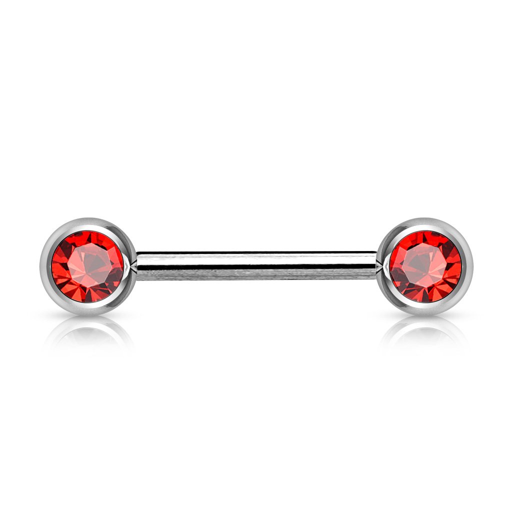 PiercedOff 316L Surgical Steel Nipple Bar with Externally Threaded Forward Facing Red CZ Gem Balls (Thickness 14GA (1.6mm) / Length 12mm / Ball Sizes 5mm)