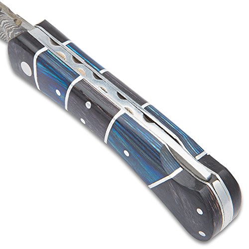 Timber Wolf Rainshadow Handmade Pocket Knife/Folder - Hand Forged Damascus Steel, File Worked Scalloping - Royal Blue and Smoky Black/Gray Pakkawood - Collectible, Everyday Carry, Gift - 4" Closed - Thumbnail 4