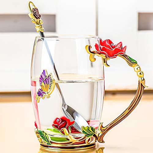 Glass Tea Cups With Spoon Set of 2, Glass Coffee Unique Handmade Mugs Gift For Women