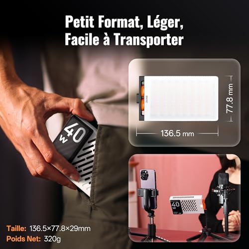 ZHIYUN Fiveray M40 [Official] 40W LED Panel, Pocket Photo Light 320g with Battery, 14000 Lux, 2700-6200k, CRI≥96, TLCI≥97, Portable Streaming Lamp for Youtube TikTok Livestream