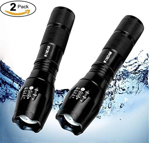 Windam Zoomable Water Resistant Bright LED Flashlight with 2000LM Torch Adjustable for Outdoor Bottom Click (2 in pack,black)