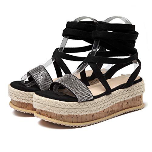 Tantisy ♣↭♣ Summer Fashion Sandals Sequin Cross-Tied Weave Thick-Bottom Roman Single Shoes Chunky Heels for Womens Black - Thumbnail 4