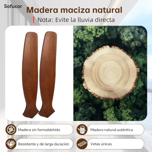 Sofucor 132cm Ventilador de Techo con Mando a Distancia, Madera Maciza Ventilador de Techo sin Luz, Silencioso DC, Temporizador, 3 Temperaturas de Color, 6 Velocidades para Salones