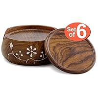 SouvNear COMINHKPR73530 Set & Holder-Handmade Wood 6 Round Coasters and Wooden Holder-Table Top Accessories, one size, Brown