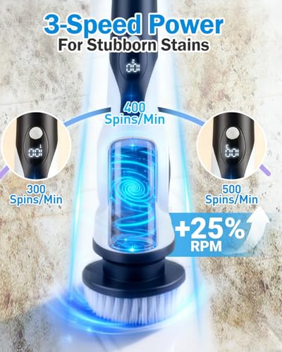 Electric Spin Scrubber, 3-Speed Cordless Shower Scrubber with Long Handle & 10 Replaceable Brush Heads, 90 Mins Runtime & Full-Body IPX7 Waterproof Shower Cleaner Brush for Bathroom Kithchen
