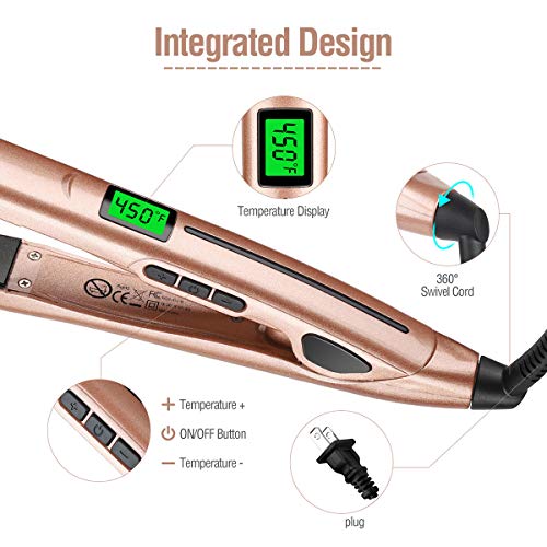 Hair Straightener and Curler, Zealite 2 in 1 Ceramic Flat Iron for Hair - Straightners & Curls with Adjustable Temp from 200℉ - 450℉, Dual Voltage (Gold)