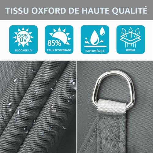 Triangular Shade Sail 4 x 4 x 4 m with Fixing Kit, Waterproof Triangular Shading Canvas, Sun Protection and Anti-UV, Shade Cloth without Drilling, Suitable for Terraces, Gardens and Greenhouses (Grey)