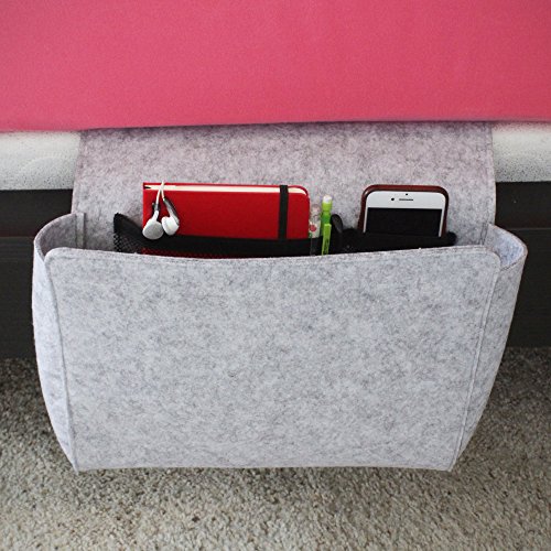 Prime Motif Gray Bedside Caddy with Extra Pockets - 1 Large Pocket and 2 Mesh Pockets - Bedside Storage Organizer Modern Felt Magazine Holder - Simplistic Design Hang Bag for Books, Remote, Laptop