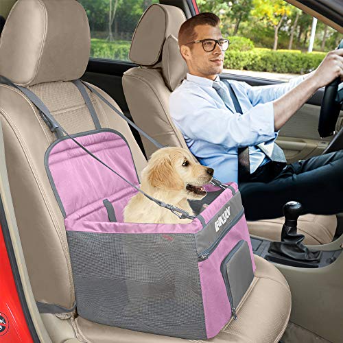 Henkelion Pet Dog Booster Seat, Deluxe Pet Booster Car Seat for Small Dogs Medium Dogs, Reinforce Metal Frame Construction, Portable Waterproof Collapsible Dog Car Carrier with Seat Belt - Pink