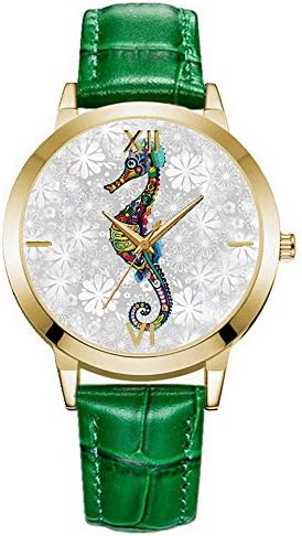 Wollways Cute Lovely Colorful Seahorse Hippocampi Pattern Dial PU Leather Band Dress Analog Quatz Wrist Watch for Womens Ladies