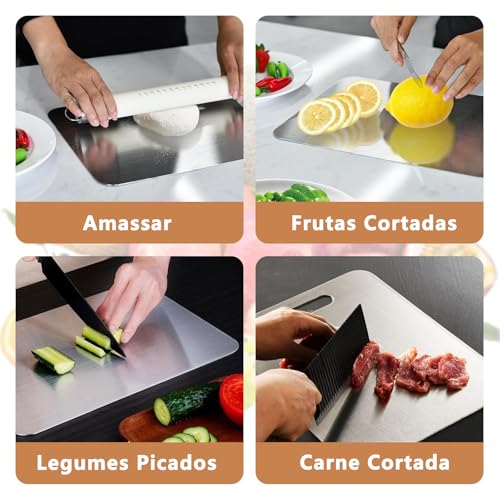 Kit 3 Tabua de Corte Inox, Tábua de Corte de Aço Inoxidável para Cozinha, Tabua de Carne Inox Dupla Face, Adequada para Separar Carne e Vegetais, Utensílios de Cozinha Essenciais