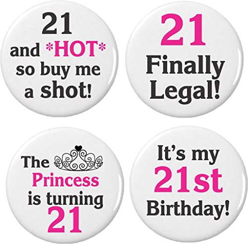 Set 4 Happy 21st Birthday 2.25â€ Large Buttons Pins Cute Princess 21 Black & Pink