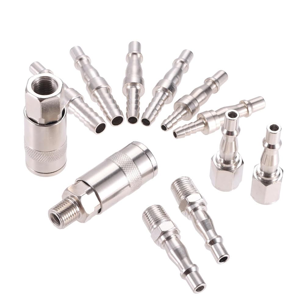 12pcs BSP Air Compressor Fittings,1/4" Air Line Connectors, with Male Female Thread, Airline Fittings with Hose Barb for 6, 8 & 10mm Hose