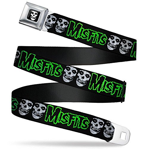 Buckle-Down Men's Seatbelt Belt Misfits XL, Misfits Outline/Fiend Skulls Weathered Black/Green/White, 1.5" Wide-32-52 Inches