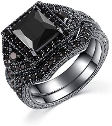 Castillna Black Cubic Zirconia CZ Simulated Diamond Princess Cut Solitaire Halo Bridal Engagement Wedding Rings Sets in Sterling Silver for Women