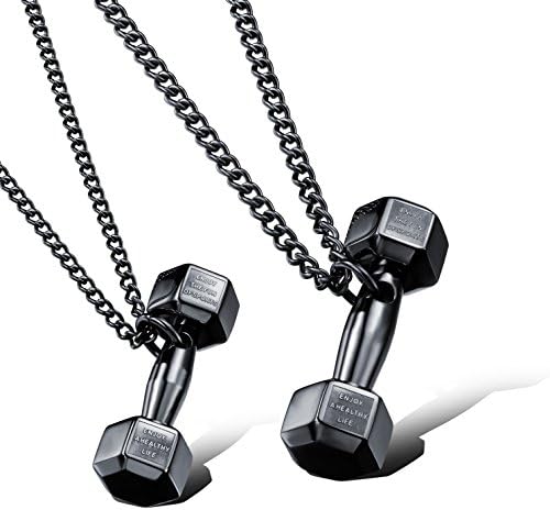 Richapex Dumbbell Fitness Necklace Pendant with Free Chain Rose Gold Black Silver for Men Women Couple (Black for couple)