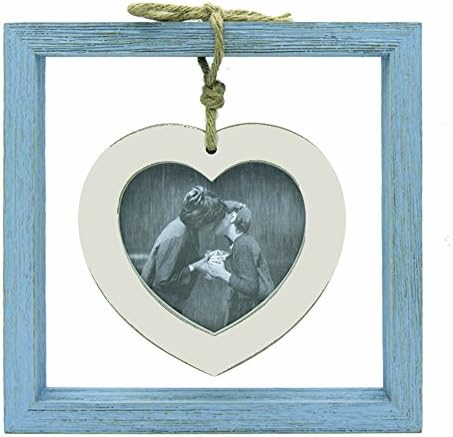 Suspended Heart 4x4 Cyan-White Wood Picture Frame with Glass Front - American Pastoral Style - Desktop or Table Top