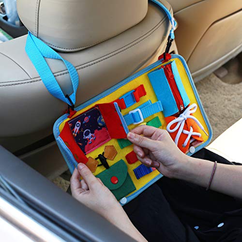 Busy Board, School Bus Style Activity Board(12 Basic Skill), for Fine Motor and Learn to Dress, Early Educational for Preschool Kids Toddler, Sensory Toy for Kindergarten Classroom Airplane Car Travel - Thumbnail 5