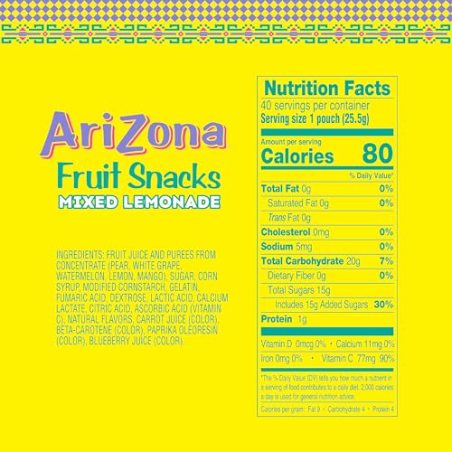 ARIZONA SOUR LEMONADE FRUIT SNACKS, SOUR LEMONADE – 0.9 OZ, 40 COUNT BOX