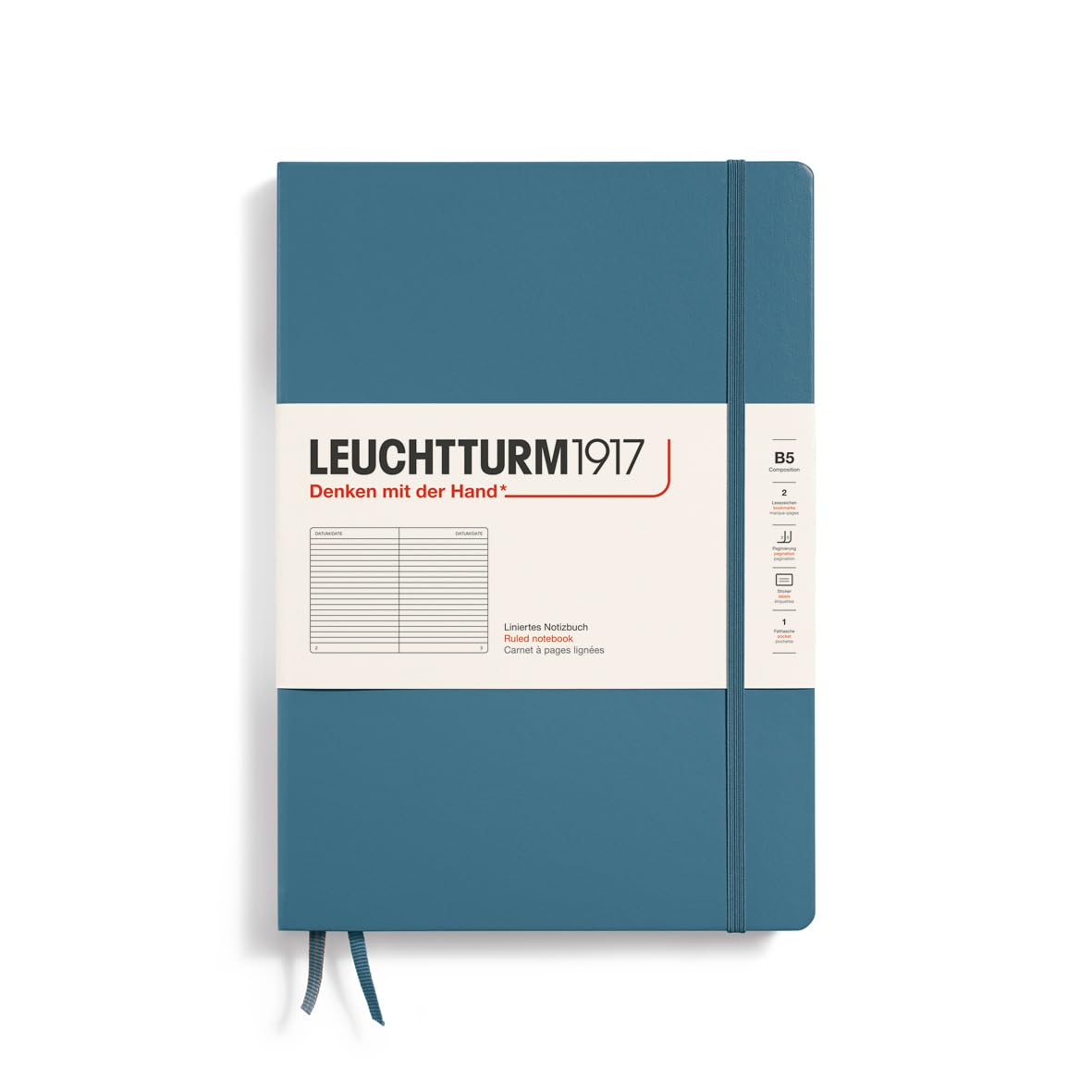 LEUCHTTURM1917 366182 Notebook Composition (B5), Hardcover, 219 Numbered Pages, Stone Blue, Ruled