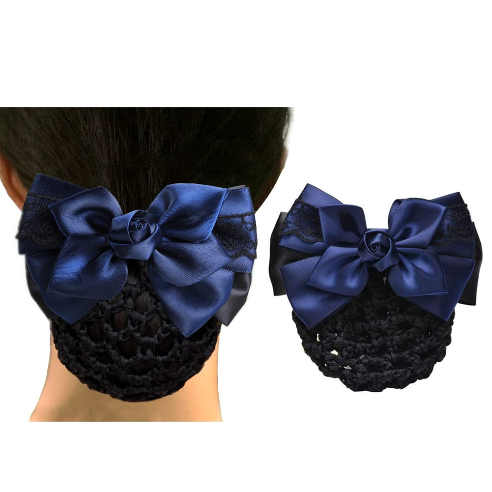 Women Hair Bun Cover Net Snood Hairnet Bowknot Decor Satin Bow Barrette French Hair Clip Bow Ribbon Flower Hair Accessories For Banks Hotels Restaurant Staff (Blue)