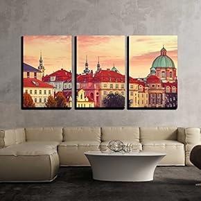 3 Piece Canvas Wall Art - Sunset Roof House Old City Autumn Prague Czech Republic - Modern Home Art Stretched and Framed Ready to Hang - 16"x24"x3 Panels