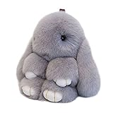 Genuine Rex Rabbit Fur Charm Bunny Rabbit Plush Toy Handmade Cute Fluffy Real Fur Keychain Cell Phone Charm, 6-Inch Tall (light grey)