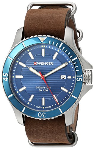 Wenger Men's 'Seaforce' Swiss Quartz Stainless Steel and Leather Casual Watch, Color:Brown (Model: 01.0641.121)