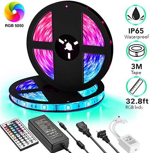 UPGRADED Dimmable LED Strip Lights Kit,32.8ft 300 LEDs SMD 5050 LED Tape Lights,2-Pack x 5M w/Extra Adhesive 3M Tape, 44 Key Remote Controller,Flexible Changing Multi-Color for Bar Home Decoration