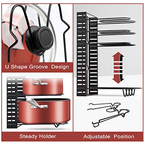 Pot Rack Organizer, 3 DIY Methods, Adjustable Height and Position, 8+ Pots Holder, Black Metal Kitchen Cabinet Pantry Pot Lid Holder, include Magnetic Knife Strip