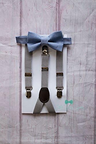 Dusty Blue Bow Tie with Light Grey Suspenders. A stylish look for weddings, ring bearers, groomsman, birthday parties, cake smash or family photos.